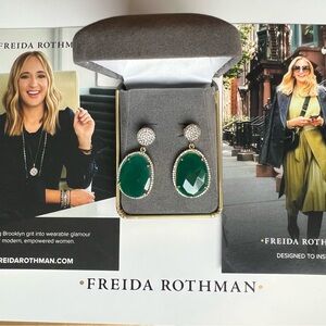 Freida Rothman Green and Silver Drop Statement Earrings